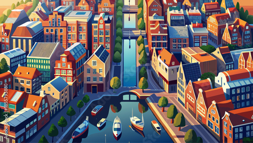 Very beautiful aerial top-down view of Amsterdam’s residential district, showcasing geometric canals, modern Dutch architecture, organized streets, and water-integrated urban design from above.
