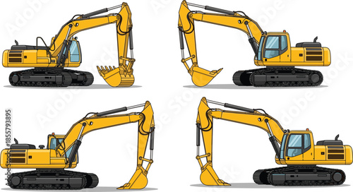 Yellow hydraulic excavator illustrations in four arm and bucket positions, showcasing construction machinery versatility on white background