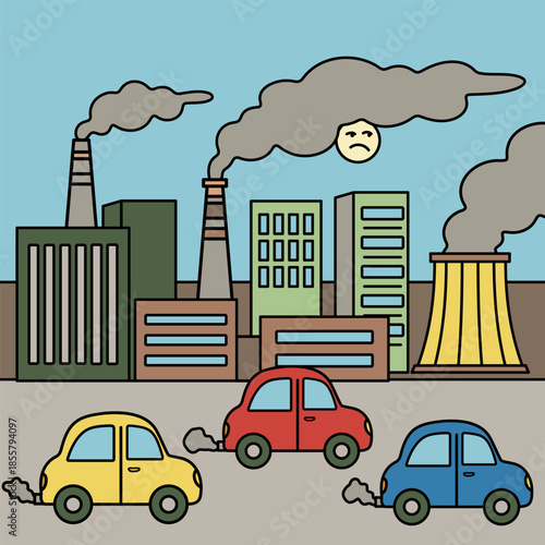 Illustration of factories and cars polluting the air with a sad sun in smoke. Smoke of the industrial zone obscures the sun. Environmental problem and global warming concept.
