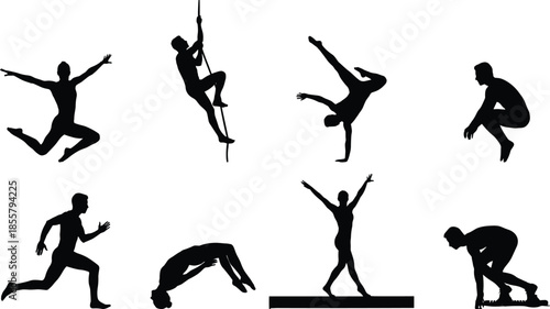 Black athlete silhouettes, showing gymnastics, dance, climbing, running, jumping poses, isolated on white background, sports fitness action collection movement people