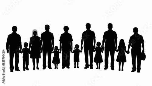 Diverse group of people silhouettes holding hands together.