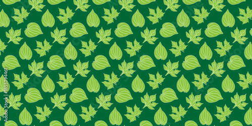 Vibrant green leaves form a seamless repeating pattern, showcasing natural botanical foliage ideal for backgrounds, textiles, and various design projects