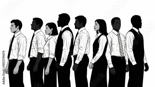 Diverse group of people standing in a line wearing formal attire.