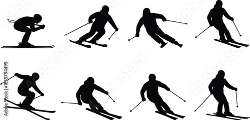 Black skier silhouettes collection, alpine skiing action poses, winter sport athletes downhill movement, isolated vector illustration, snow sports design set