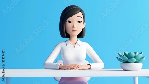 This bright blue, optimistic 3d animated illustration features a confident asian business woman sitting at a white desk with a succulent plant, ready to begin her daily routine.