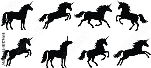 Black unicorn silhouettes collection, mythical horse poses, running jumping rearing fantasy creatures, isolated vector illustration, magic fairytale design set art