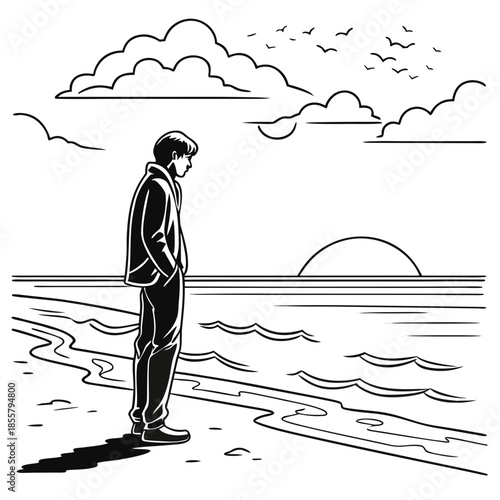 A solitary man stands on a beach, gazing at the ocean with a setting sun and birds flying in the sky, rendered in a black and white line art style.