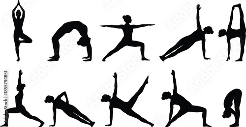 Black yoga pose silhouettes, women asana fitness balance flexibility meditation collection, isolated vector illustration, wellness training design set white background