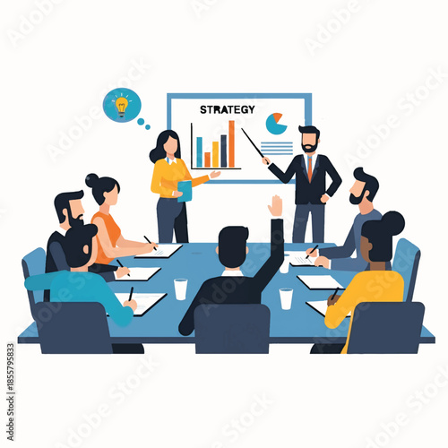 Business team collaborating on laptops in office vector illustration