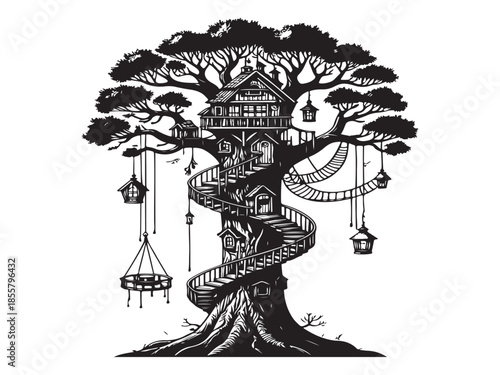 Enchanting Treehouse Illustration with Spiral Staircase