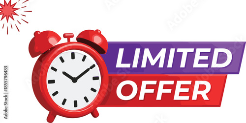 Limited offer banner with alarm clock, urgency sale promotion concept, flash discount label design, bold retail marketing vector illustration