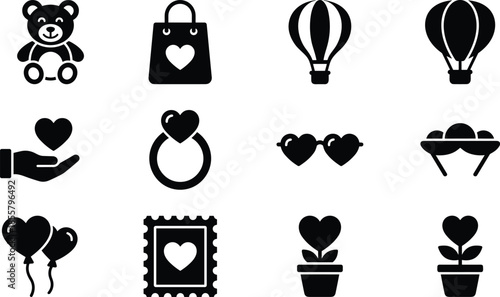 Love and gift icon set, heart symbols, shopping romance lifestyle elements, minimal black flat vector illustration collection