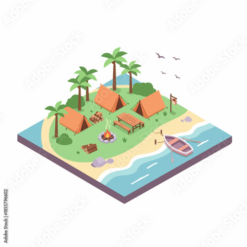 Isometric Style Detailed Tropical Island Camp With Tents Illustration