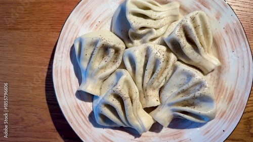 CloseUp Dumpling On Ceramic Plate, Textured Folds And Seasoning Visible, Pepper Specks And Soft Light Emphasize Pleats And Dough, Intimate Foodie Angle Ideal For Recipe Or Blog Content,