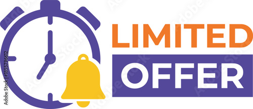 Limited offer banner with stopwatch and bell icon, countdown alert promotion concept, urgency sale marketing flat vector illustration