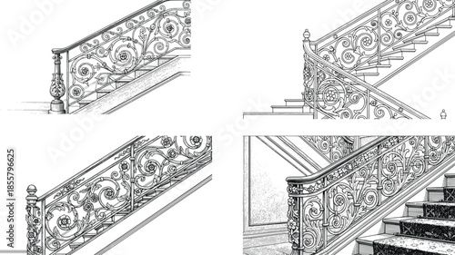 Victorian Staircase Grill Set Etching Engraving Style Ornamental Iron Railing Architecture Vintage Hand Drawn Illustration