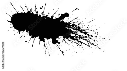 A dynamic black ink splatter with numerous droplets radiating outwards on a clean white background, creating an abstract and energetic visual effect.