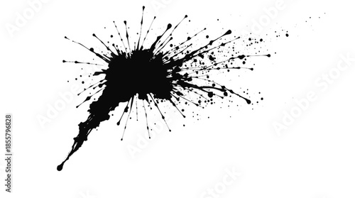 A dynamic black ink splatter with numerous small droplets radiating outwards on a clean white background, creating an explosive effect.