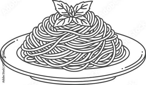 A plate of spaghetti with basil leaves on top pasta food italian