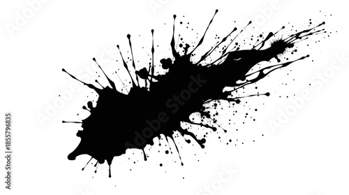 A striking black ink splatter with numerous droplets and an irregular shape, creating a dynamic and abstract visual on a clean white background.