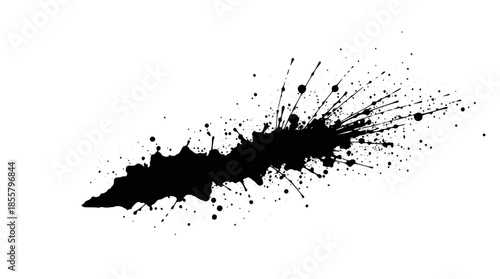 A dynamic black ink splatter with numerous droplets radiating outwards on a clean white background, creating an abstract and energetic visual effect.