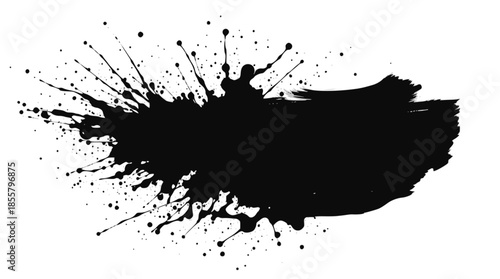 A dynamic black and white abstract image featuring a central white ink splash or paint splatter radiating outwards on a dark background.