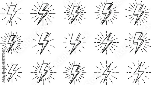 Collection of various lightning bolt icons in different styles and designs icon