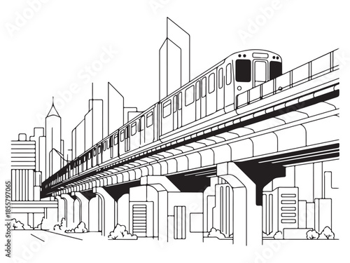 Modern Train Crossing Elevated Track in Urban Skyline