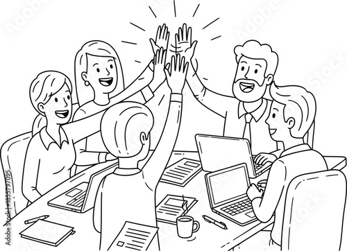 Smiling business team giving high fives around office desk five computer laptop