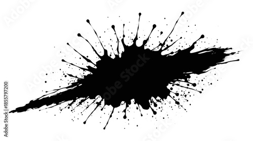 A dynamic black ink splash with an elongated central smudge and radiating droplets on a white background.