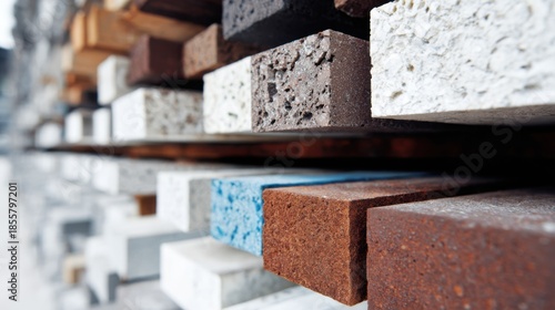 Medium shot of building materials treated with flameretardant resin emphasizing enhanced durability and lowered flammability for construction safety.