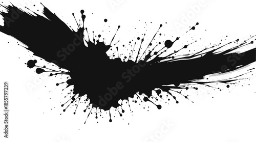 A dynamic black ink splatter or grunge brush stroke on a clean white background, creating an abstract and expressive graphic element.