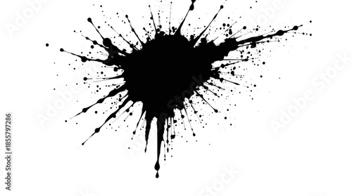 A dynamic black ink splatter with droplets radiating outwards on a clean white background, creating an abstract and energetic visual.