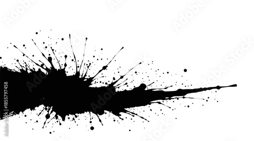 A dynamic black ink splatter with many small droplets radiating outwards on a clean white background, creating an abstract and expressive visual.