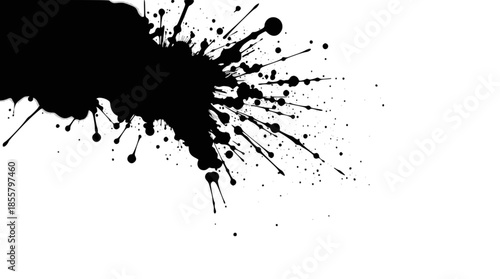 A dynamic black ink splatter with numerous droplets and streaks spreading across a clean white background, creating an abstract and energetic visual effect.