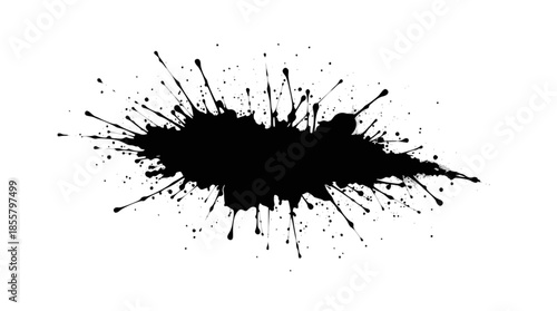 A black ink splatter with radiating drops on a white background, creating an abstract and dynamic visual effect.