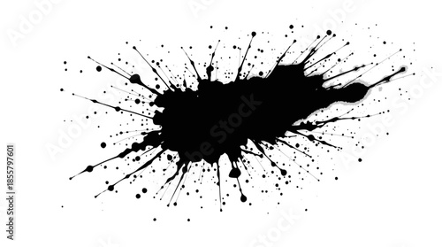 A dynamic black ink splatter with numerous small droplets radiating outwards on a clean white background.