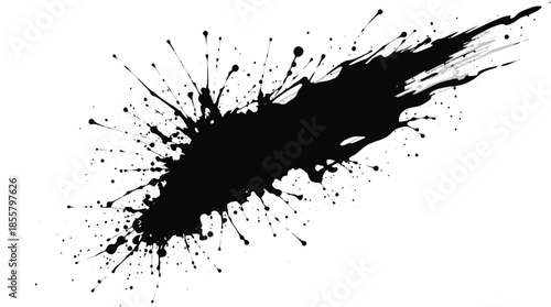 A dynamic black ink splatter with many small droplets radiating outwards on a clean white background, creating an abstract and energetic visual effect.