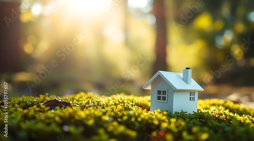 Tiny white house with chimney on mossy ground, bright sunflare through forest trees, side view. Residential finance 

