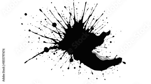 A dynamic black ink splatter with numerous droplets and streaks radiating outwards on a clean white background.