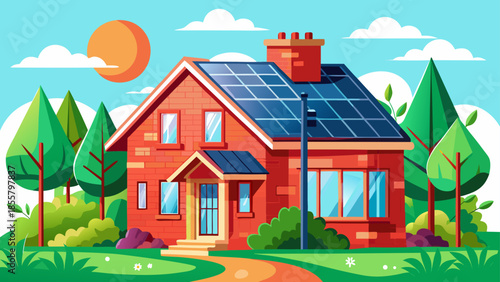 Very beautiful front view of a red brick house with a red roof and solar panels, highlighting sustainable living, clean energy, and modern eco-friendly residential design.
