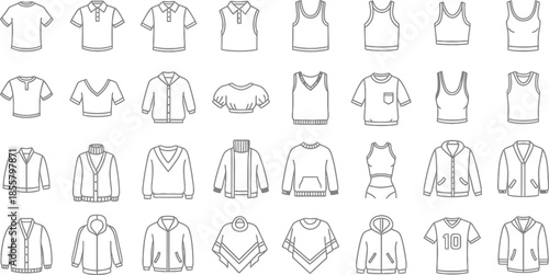 Collection of various shirt and jacket line drawings shirts polo tank tops