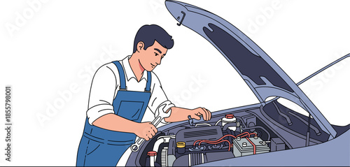 Car mechanic illustration, cartoon auto repair scene, wrench and engine, blue overalls, vehicle maintenance, open hood, garage vector design