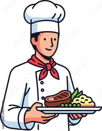 Chef cartoon illustration, food plate with steak mashed potatoes peas, smiling potato face, culinary arts, restaurant vector, kitchen character design