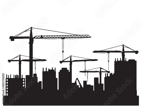 Silhouette of Cranes and Buildings Construction Site Skyline