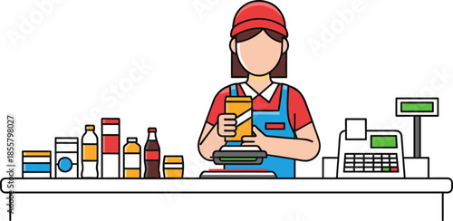 Cashier checkout illustration, grocery store counter, barcode scanner, red uniform, product scanning, retail transaction, customer service vector design