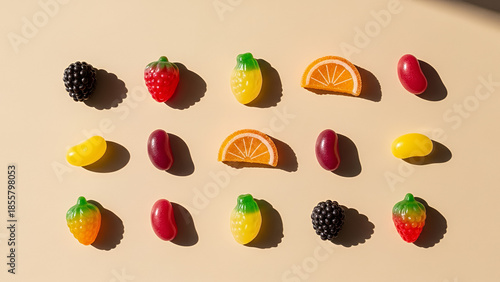 Colorful fruit-shaped jelly candies artistically arranged on a soft beige background