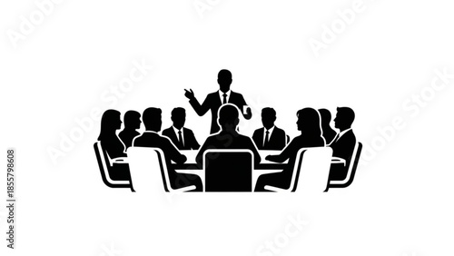 A business leader presenting to a group of professionals seated around a conference table illustration
