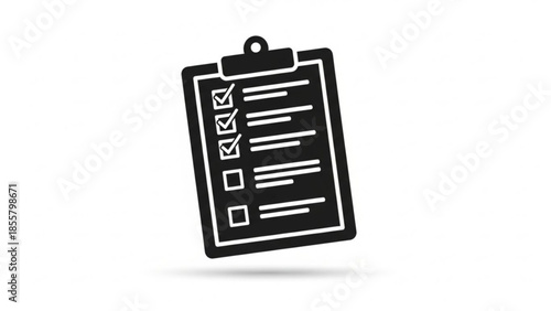 A black and white illustration of a clipboard with a checklist on a white background