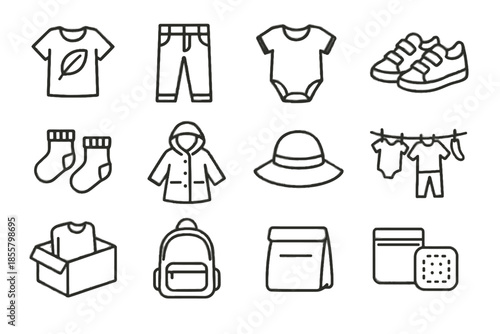 Fashion tiny mixed clothes icons backpack raincoat sun pair jeans icon vector